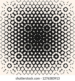 Vector halftone geometric seamless pattern with spots, floral shapes, petals. Graphic monochrome texture with radial gradient transition effect. Abstract repeat background. Black and white design