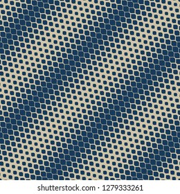 Vector halftone geometric seamless pattern. Elegant deep blue and gold texture with diagonal gradient transition effect, small ovate shapes, spots, petals. Abstract repeat background. Golden pattern