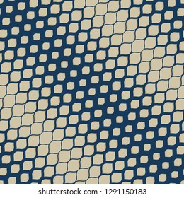 Vector halftone geometric seamless pattern. Elegant blue and gold texture with diagonal gradient transition effect, ovate shapes, spots, petals. Abstract repeated background. Luxury golden design