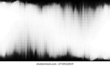Fondo de diseño de desvanecimiento de bordes de glitch de semitono de Vector. Textura de borde irregular densa punteada superior e inferior con centro de luz para su texto.  