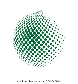 Vector Halftone globe dotted sphere, 3d halftone dot effect. Green color, in white background. Vector illustration. It can use as logo, icon.