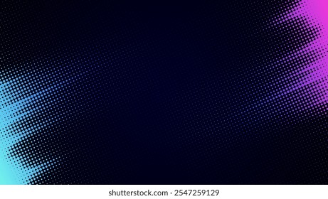 Vector halftone gradient with blue and pink tones on a dark background. Dynamic dotted texture for modern and abstract creative projects