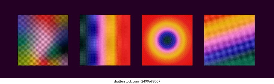 Vector halftone gradient effect. Vibrant abstract background set. Retro y2k style colors and textures.