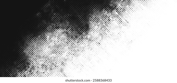 Vector halftone grunge texture with bold black fading dots. High-contrast abstract background with rough stippling. Vintage print distressed effect.