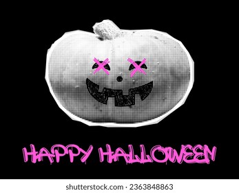 Vector halftone halloween pumpkin banner. Scary college halftone pumpkin and pink happy halloween graffiti. Trendy retro halftone halloween pumpkin with crossed out eyes. Jack o lantern.