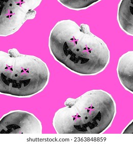 Vector halftone halloween pumpkin seamless pattern. Collage halftone pumpkin with crossed out eyes on pink background. Trendy retro halftone halloween pumpkin print. Jack o lantern.