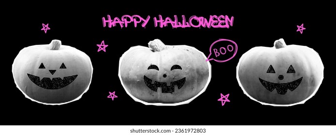 Vector halftone halloween pumpkin set. Illustration of college halftone pumpkins and happy halloween graffiti. Trendy collection of retro halftone halloween pumpkins with pink elements.