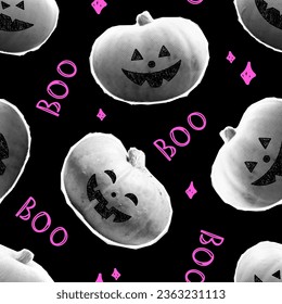 Vector halftone halloween seamless pattern. Trendy y2k 90s punk crazy halftone halloween pumpkin background. Jack o lantern. Black and pink collage halftone pumpkins. Retro emo print.