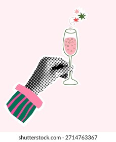 Colagem de mão de meio-tom vetor segurando uma taça de champanhe, divertido elemento de design gráfico de celebração para cartazes e convite