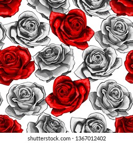 Vector halftone hand drawn red and white roses flower blossom blooming seamless pattern. Floral decoration on a white background for wedding, marriage, anniversary or another date invitation card