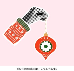 Mano de semitono de Vector que sostiene un adorno de Navidades vintage, collage de vacaciones divertido para invitaciones y Diseño gráfico