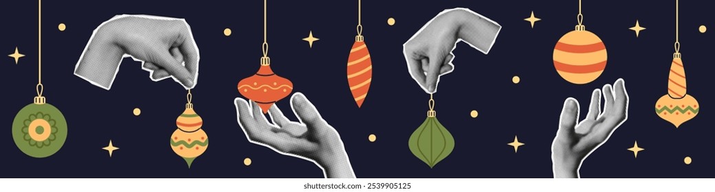 Vector halftone hands hold vintage baubles and decorations for Christmas tree. New Year celebration banner with hands holding Christmas ornaments and balls. Christmas modern art with halftone effect.