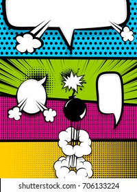 Vector halftone illustration. Blank graphic. Vertical pop art comics book magazine cover template. Cartoon funny vintage strip comic superhero text, speech bubble, balloon, box message, burst bomb.