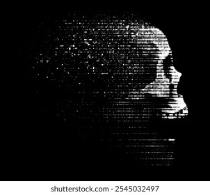 Vector halftone illustration of a dissolving skull in dot style. Abstract, dark, futuristic creative, digital, glitch style dark design