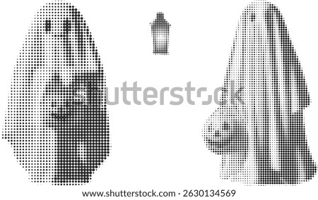 Vector halftone illustration of ghost, halloween, pumpkin. Vintage retro style black and white dotted texture for pop art posters, tattoos, surreal collages.