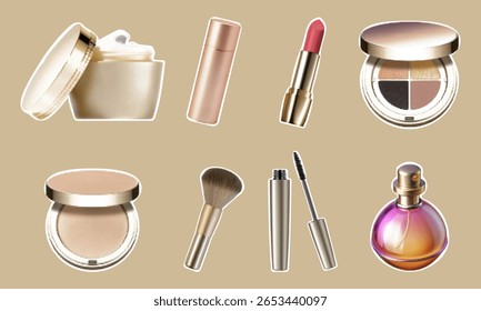 Ilustração de meio-tom vetor de conjunto cosmético dourado com batom, pó, sombra de olho, rímel, pincel, frasco de creme e perfume