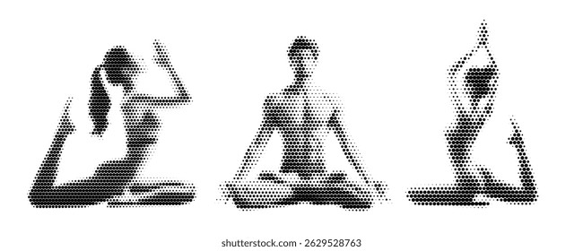 Vector halftone illustration of men and women doing yoga in different poses. Black and white silhouette style with halftone retro comics texture. Dynamic and elegant poses, Isolated on white backgroun