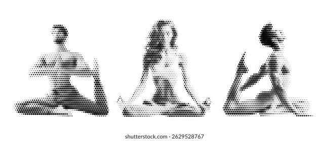 Vector halftone illustration of men and women doing yoga in different poses. Black and white silhouette style with halftone retro comics texture. Dynamic and elegant poses, Isolated on white backgroun