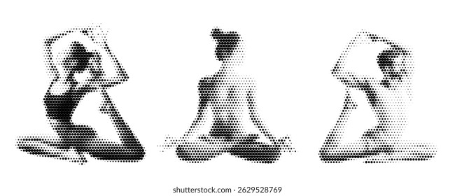 Vector halftone illustration of men and women doing yoga in different poses. Black and white silhouette style with halftone retro comics texture. Dynamic and elegant poses, Isolated on white backgroun