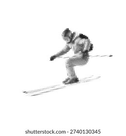 Vector halftone illustration of ski lift, stylized with dotted texture, black and white graphic design, isolated on white background, winter sport, minimalistic retro style, comic.