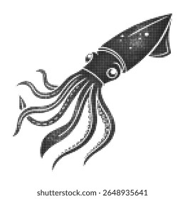Vector halftone illustration of squid in vintage dotted engraving style, perfect for marine designs, retro artwork, ocean themes, posters, prints, and creative projects