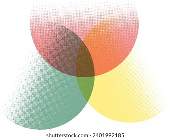 Vector halftone intersection effect three circles red yellow and green isolated on white background