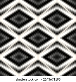 Vector halftone line background. Monochrome seamless pattern with diagonal cross lines, stripes in diamond shape. Urban art sport style texture. Optical illusion effect. Trendy black and white design