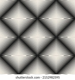 Vector halftone line background. Monochrome seamless pattern with diagonal cross lines, stripes in rhombus grid. Urban art sport style texture. Trendy black and white design with gradient effect