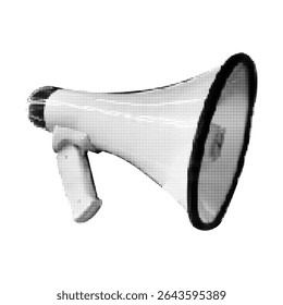 Vector halftone loudspeaker. Pop art dots texture megaphone sticker. Collage design element in trendy retro 90s magazine style for posters, social media, sale, promotional banner.