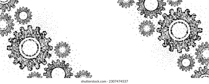 Vector halftone mechanicalbackground frame. Pattern of linear particles, circles, spheres. Texture of gears made of plexus dots. Poster for presentation, technology, medicine, business.