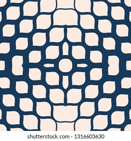 Vector halftone mesh texture. Abstract geometric seamless pattern with gradient transition effect, grid, net, weave, lattice. Deep blue and beige minimal background. Elegant modern repeating design