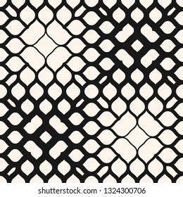 Vector halftone mesh texture. Abstract seamless pattern with gradient transition effect, grid, net, weave. Black and white geometric repeat background. Elegant minimal design for decor, prints, covers