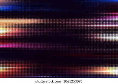 Vector halftone motion blur effect. Nightlife, and speed concept. Abstract lights and glows on dark background.