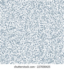 Vector halftone musical notes and treble clefs seamless pattern on a decorative background, musical tracery.