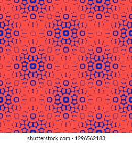 Vector halftone pattern. Bright blue and red geometric seamless texture with gradient transition effect, small fading shapes. Abstract psychedelic minimalist background. Retro 80-90’s fashion style 