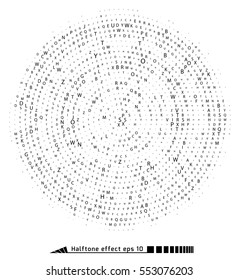 Vector. Halftone pattern effect. No gradient. Spiral. Font round