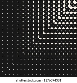 Vector halftone pattern with fading diamond shapes, rhombuses, grid in square corner shape. Abstract geometric minimal cover background. Gradient transition effect texture. Creative monochrome design