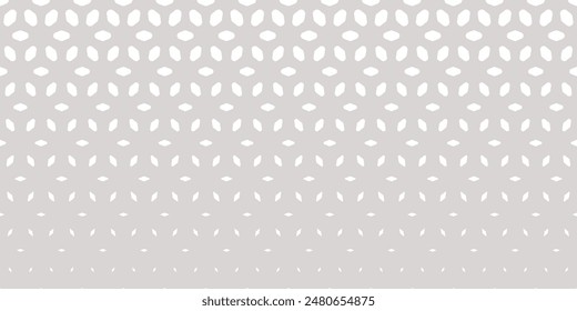 Vector halftone pattern. Horizontally seamless gry and white texture with gradient transition effect. Minimalist geometric background with floral shapes, leaves, mesh, lattice. Abstract geo design