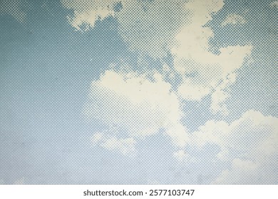 Vector halftone pattern retro clouds against blue sky., with soft grunge layer. Weather-related, environmental dotted vintage design.