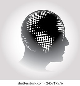 vector halftone raster globe on human head 