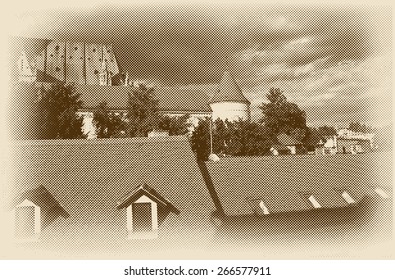 Vector halftone raster panoramas of old European town with roofs and church