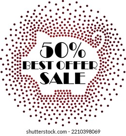 Vector halftone round frame, piggy bank figure, offer discount 50% shopping text, random dot design element. Texture with trendy retro effect, gradient, sale, black Friday, decorative sign ad, circles
