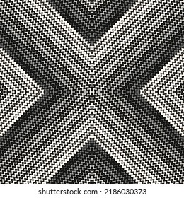 Vector halftone seamless pattern. Abstract background with diagonal half tone zigzag stripes in cross form. Texture with wavy zig zag lines, chevron. Black and white stylish ornament. Repeat design