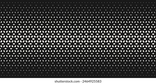 Vector halftone seamless pattern. Elegant monochrome texture with gradient transition effect. Black and white geometric background with floral shapes, falling petals, mesh, lattice. Abstract design