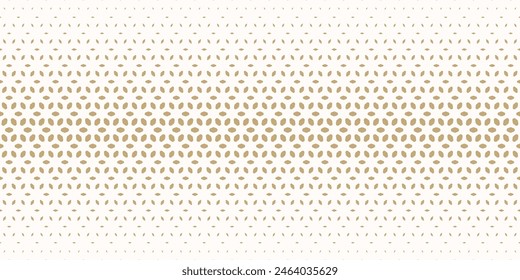 Vector halftone seamless pattern. Gold and white texture with gradient transition effect. Golden luxury geometric background with floral shapes, falling petals, mesh. Abstract repeated geo design