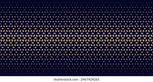 Vector halftone seamless pattern. Gold and black texture with gradient transition effect. Golden luxury geometric background with floral shapes, falling petals, mesh, lattice. Abstract repeat design