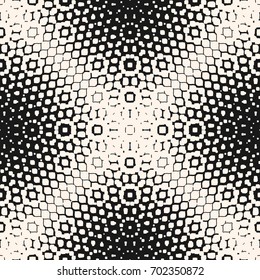 Vector halftone seamless pattern, monochrome texture with small rounded shapes, visual effect of gradient transition. Abstract ornamental background. Repeat design for prints, decor, textile, web 