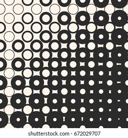 Vector halftone seamless pattern with morphing geometric shapes, circles and squares. Half tone abstract monochrome background. Diagonal gradient transition effect. Stylish design for decor, prints