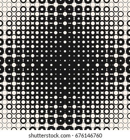 Vector halftone seamless pattern with morphing geometric shapes, circles, squares, rings. Half tone abstract monochrome background. Radial gradient transition effect. Stylish modern design element