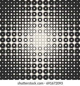 Vector halftone seamless pattern. Smooth geometric shapes, circles and rings. Abstract monochrome background texture. Radial gradient transition effect in square form. Modern decorative design element